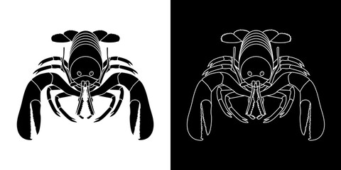2 dessins vectoriels de homard, silhouette noire et ligne blanche. 