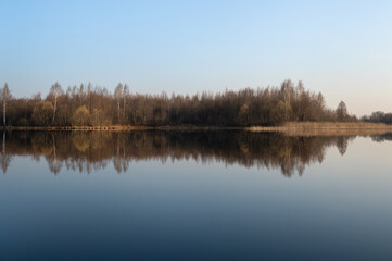 Fototapeta na wymiar Beautiful spring landscape with a river and trees in a row at dawn against the blue sky. A mirror image in the water. The concept of calm and serenity