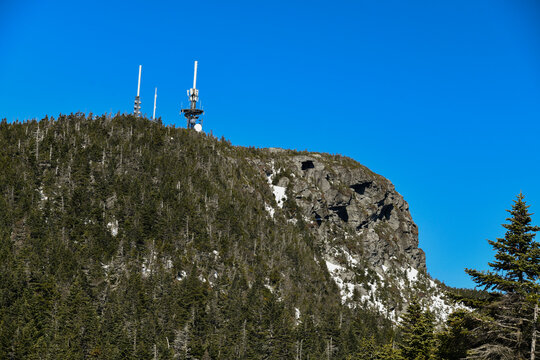 View to VPR transmitter facility antennas for TV and Radio stations at top of Mt. Mansfield Vermont at Stowe ski resort.