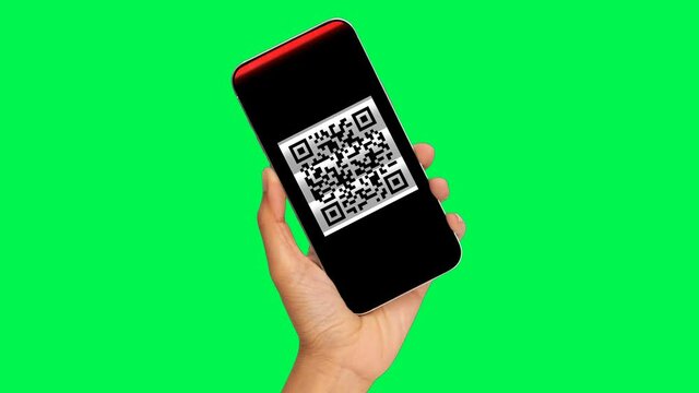 hand holding a smartphone with a QR code reading on the screen, green background, chroma key, mockup. qr code scan on mobile phone. For e-commerce, shopping, payment, contact tracing. 4K Looped video.