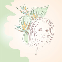 Young woman face with tropical leaves line drawing. Leaves bouquet behind the head. Minimalist hand draw artwork