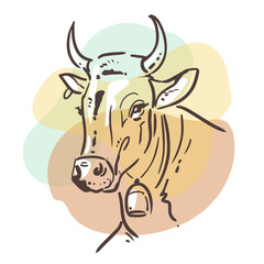 Cow head art sketch. Hand drawn illustration on colored background. Portrait of an animal.