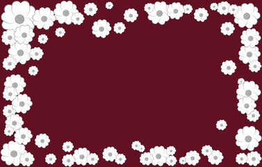 Postcard with for text. Frame of white flowers on a dark red background