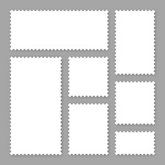 Blank white postage stamps collection. Sticky paper stamp. Vector illustration.