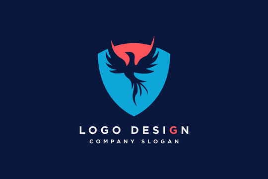 Shield logo design with phoenix vector illustration. Usable for business and technology logos,isolated on blue background