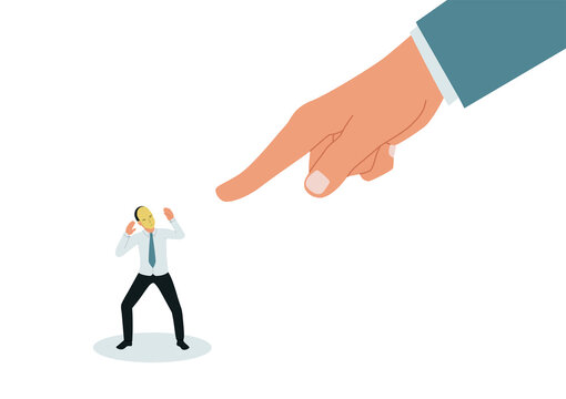 Fear of exposure. A large hand points at the impostor. Frightened businessman in a mask. Vector illustration.