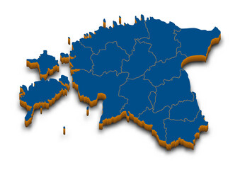 Estonia map vector. High detailed administrative 3D map of Estonia with dropped shadow. Vector blue isometric silhouette with administrative divisions. All isolated on white background