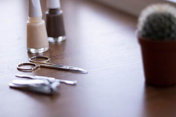 set for nail polish on table background top mockup