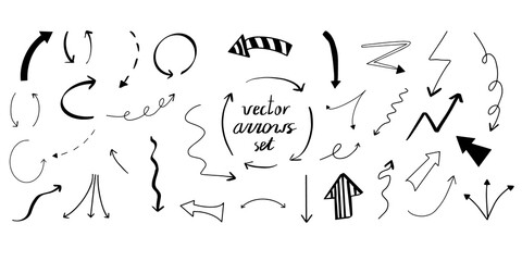 Fototapeta na wymiar Big Doodle vector hand drawn different arrows icon set illustrations. Design elements, zig zag, wavy arrows, spiral,simple, dotted. For typography, digital use, presentations. EPS 10, isolated.