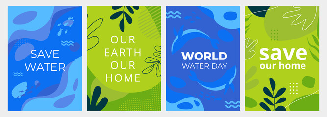 Set of Earth Day posters with green and blue backgrounds, liquid shapes, leaves and ocean elements. Layouts for prints, flyers, covers, banners design. Eco concepts. - 429440430