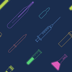 Seamless pattern with medical outline icons. Hospital signs. Thermometer, test tubes, pipette, syringe, glass ampoule. Linear style. Vector color illustration.