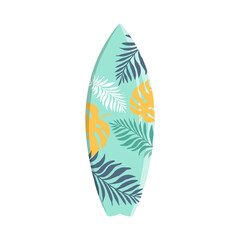 Vector surfboard in tropical design with palm and monstera leaves on a white background. Vector illustration for icon, logo, print, icon, card, cover, bags, case, invitation, emblem, label