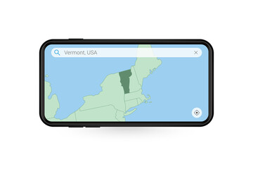 Searching map of Vermont in Smartphone map application. Map of Vermont in Cell Phone.