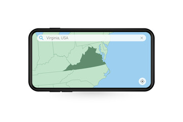 Searching map of Virginia in Smartphone map application. Map of Virginia in Cell Phone.