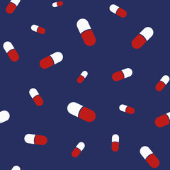 Vector seamless pattern with color pills, red and white capsules, isolated on dark blue background. Medical preparations. Flat design. Color illustration.