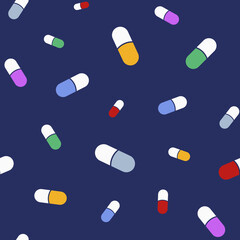 Vector seamless pattern with color pills, capsules, isolated on dark blue background. Medical preparations. Flat design. Color illustration.