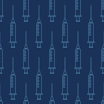 Seamless Pattern Of Light Blue Medical Syringes, Isolated On Blue Background. Linear Style. Color Illustration.