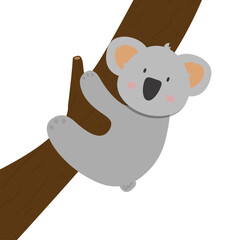 Koala hanging from a tree on a white background