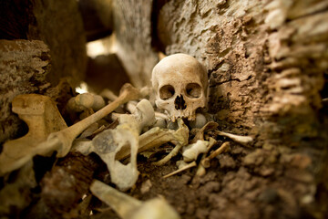 Sculls and bones in burial site in Rentepao, Sulawesi, Indonesia