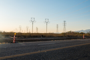 Fototapeta na wymiar Electric pylons at sunset. 