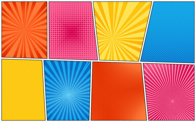 Pop art backgrounds. Comic pattern with halftone and starburst. Set cartoon retro sunburst textures with dots. Duotone effect. Vintage gradient banner. Vector illustration. Funny superhero print.