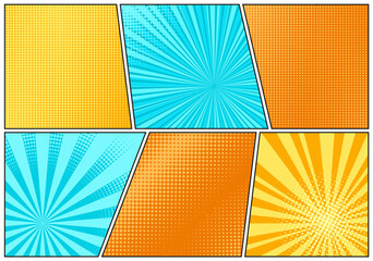 Pop art background. Comic cartoon texture with halftone and sunburst. Set starburst patterns. Retro effect with beams and dots. Vintage sunshine banner. Vector illustration.