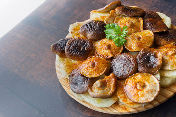 Potatoes and shiitake mushrooms in the style of octopus a feira. typical Galician dish. Vegan...