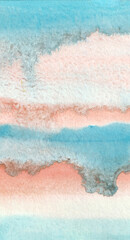 A watercolor painting with horizontal bands of color reds, corals, blues, turquoise. Handmade
