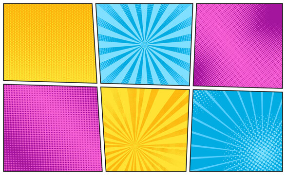 Pop art background. Comic texture with halftone and sunburst. Set starburst patterns. Vintage duotone effect. Retro sunshine banner with beams, dots. Cartoon print. Vector illustration.