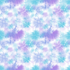 Abstract seamless tie-dye pattern textile print. Fresh fashion texture in colors turquoise, violet, blue on white background