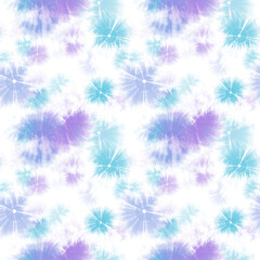 Abstract seamless tie-dye pattern textile print. Fresh fashion texture in colors turquoise, violet, blue on white background.