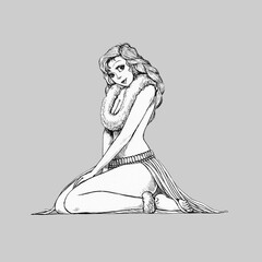 Pin up girl on the beach. Hawaii girl illustration. Pencil drawing.	
