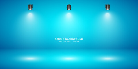 Empty blue studio abstract background with spotlight effect. Product showcase backdrop. Stage lighting. Vector illustration.