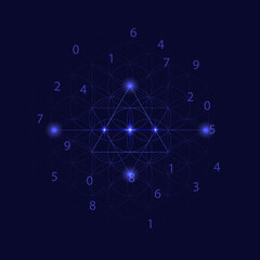 Astrology and numerology concept with zodiac signs and numbers over starry sky