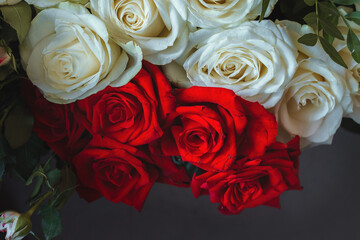 Floral red and white background of beautiful roses. A bouquet of white and red fresh roses. Gorgeous close-up roses.