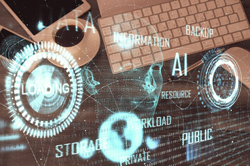 Double exposure of technology theme drawing over work table desktop. Top view. Global data analysis concept.