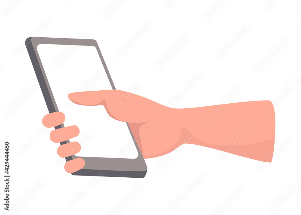 Poster hand holding smartphone with empty screen with space for text or label vector flat illustration isol