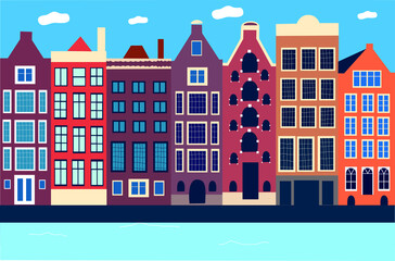 Beautiful Amsterdam and its streets, sights, bicycles, tulips, bridge. Atmosphere of Holland Vector graphics