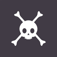 Pirate skull with crossed bones vector flat illustration isolated on black background. Jolly Roger pirate symbol, death skull, danger, and poison label or icon design.