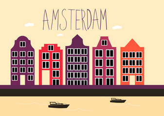 Beautiful Amsterdam and its streets, sights, bicycles, tulips, bridge. Atmosphere of Holland Vector graphics