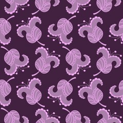 Seamless pattern. Decorative lilac flowers on a dark background