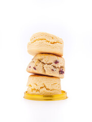Scones traditional English delicious freshly baked homemade on isolated white background. Dessert, beverage, and relaxation concept