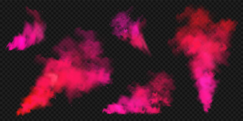 Realistic red colorful smoke clouds, mist effect. Colored fog on dark background. Vapor in air, steam flow. Vector illustration.
