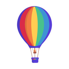 Naklejka premium Hot air balloon with colorful rainbow stripes vector flat illustration isolated on white background. Air transport for travel, summer journey, perfect weekend, and seasonal recreation concept.