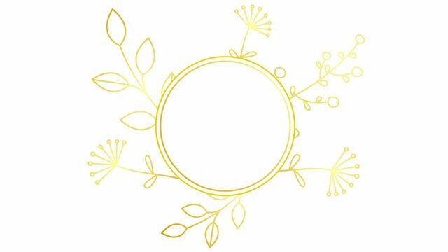 Animated abstract modern banner with golden branch of leaf and flower. Circle black frame with copy space. Looped video. Flat vector illustration isolated on white background.