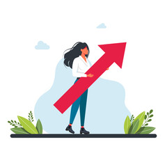 girl holding big arrow up in her hands.growth concept. career advancement. office workers, managers, women.Business goal achievement, career ladder progress, and advancement,career development concept