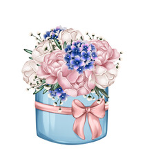 Bouquet of peonies in present box. Floral elements for your design