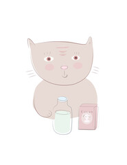 Cute kitten kitty cat relaxing me time. Introverted pet drinking hot chocolate home made cocoa milk. Sweet simple cartoon illustration portrait. Baby animal feline drawing. Poster greeting card design