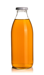 Apple juice in a glass bottle. Isolated on white background