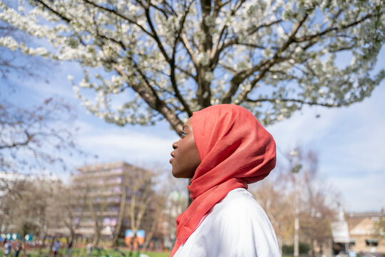 Portrait of a Black Muslim woman in nature 